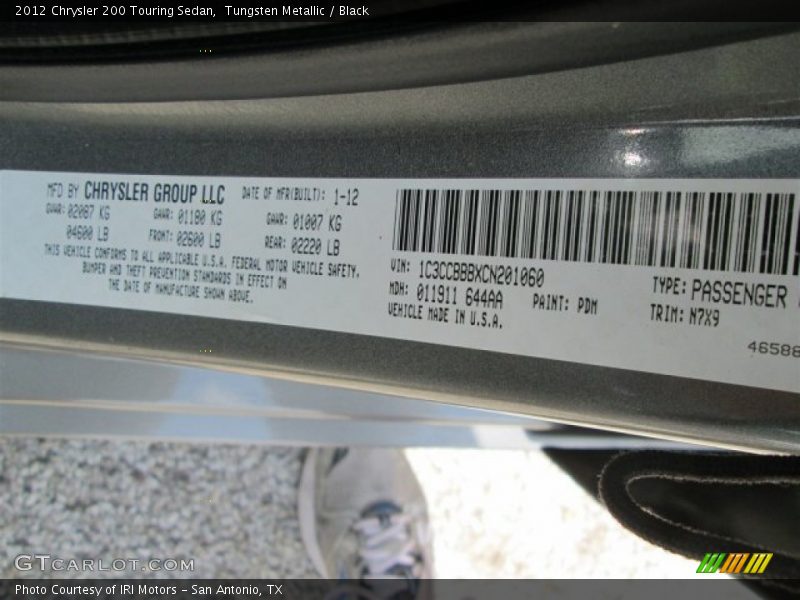 Tungsten Metallic / Black 2012 Chrysler 200 Touring Sedan