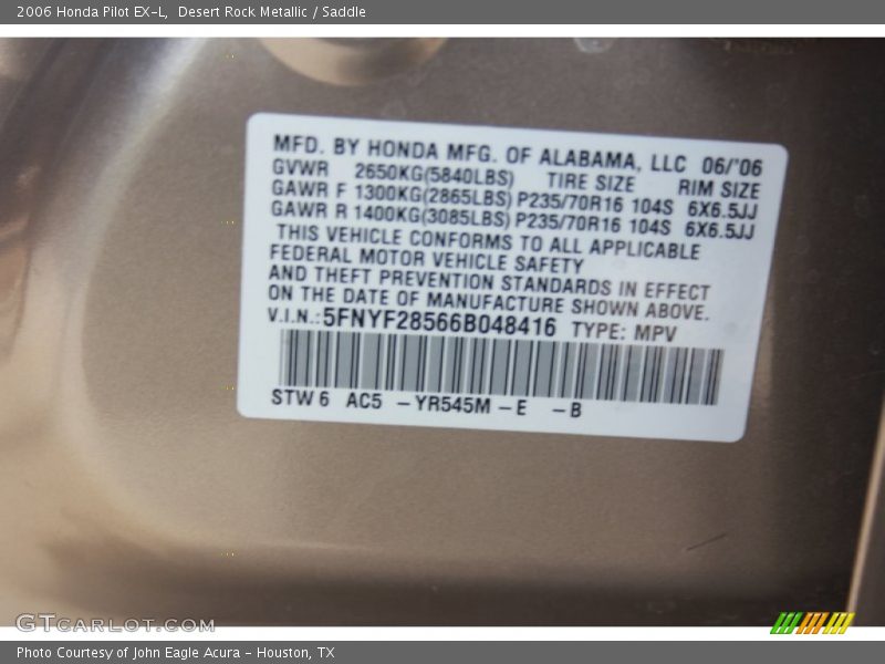 Desert Rock Metallic / Saddle 2006 Honda Pilot EX-L