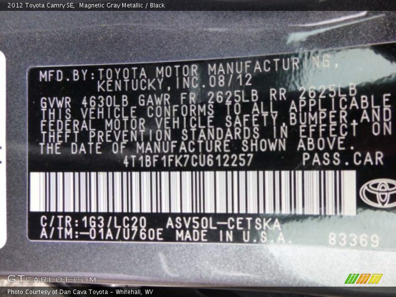Magnetic Gray Metallic / Black 2012 Toyota Camry SE