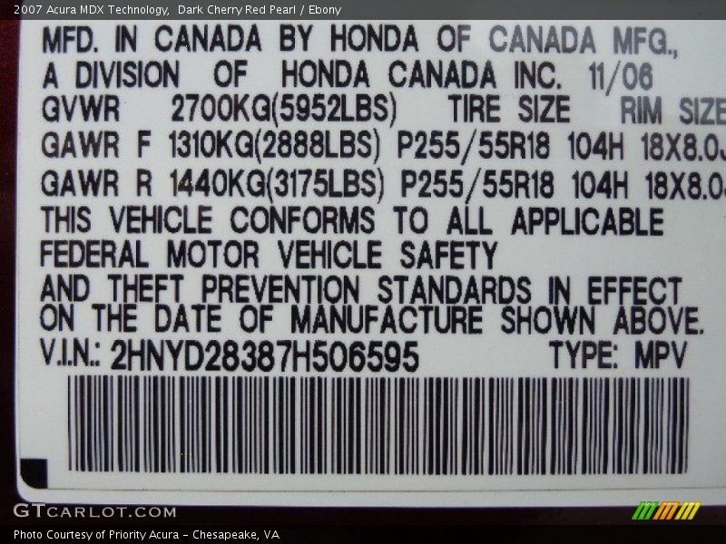 Dark Cherry Red Pearl / Ebony 2007 Acura MDX Technology