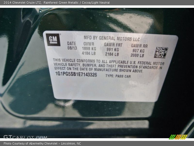 Info Tag of 2014 Cruze LTZ