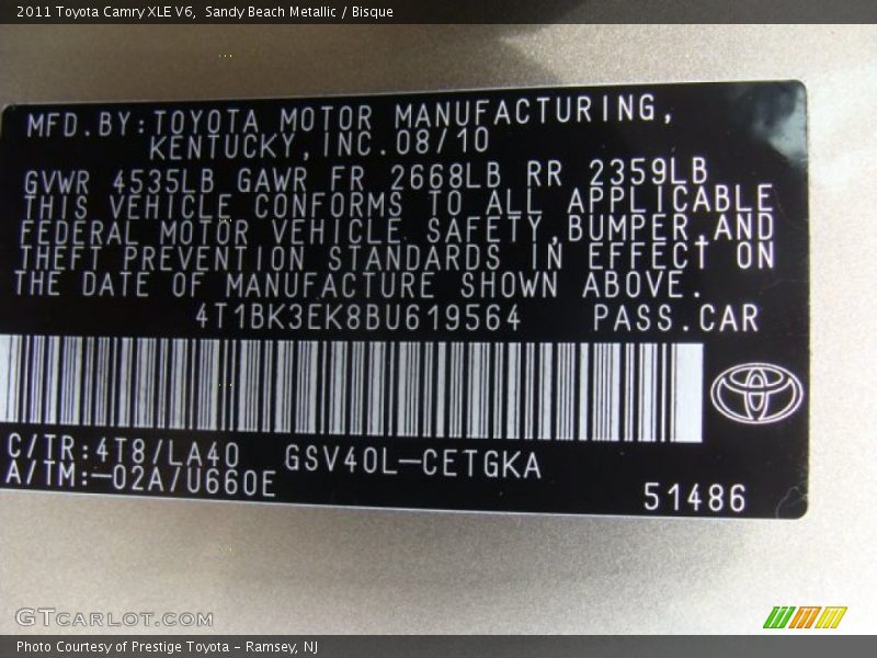 Sandy Beach Metallic / Bisque 2011 Toyota Camry XLE V6