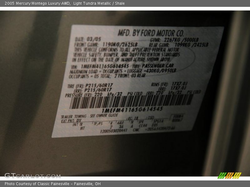 2005 Montego Luxury AWD Light Tundra Metallic Color Code DV