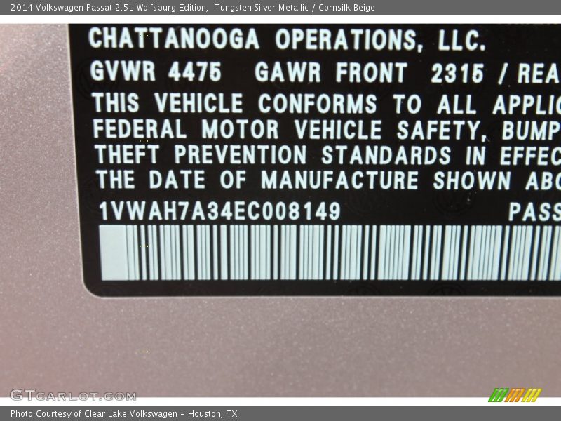 Tungsten Silver Metallic / Cornsilk Beige 2014 Volkswagen Passat 2.5L Wolfsburg Edition
