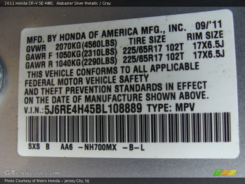 Alabaster Silver Metallic / Gray 2011 Honda CR-V SE 4WD