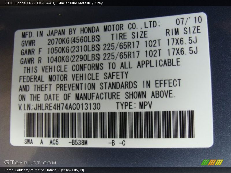 Glacier Blue Metallic / Gray 2010 Honda CR-V EX-L AWD