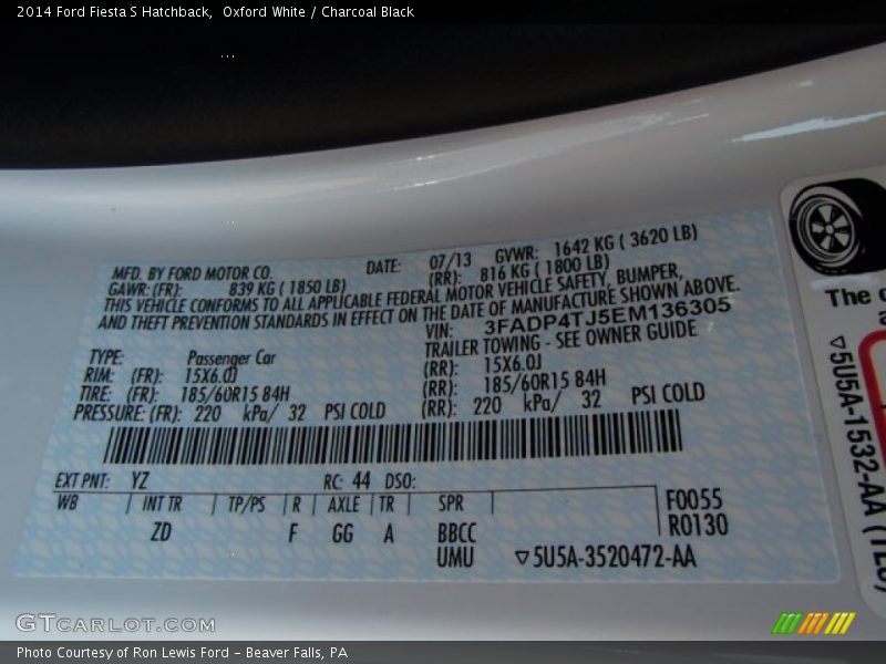2014 Fiesta S Hatchback Oxford White Color Code YZ
