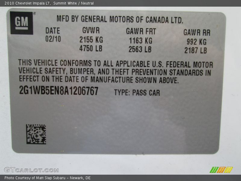 Summit White / Neutral 2010 Chevrolet Impala LT