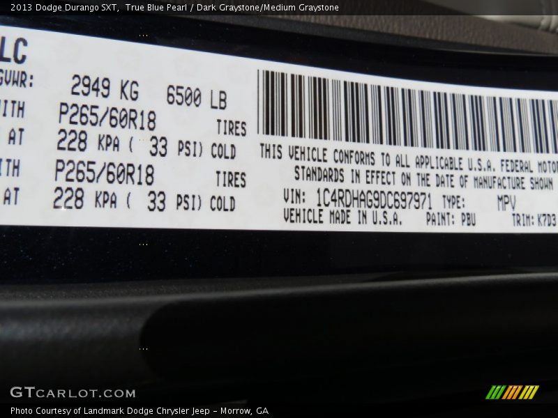 True Blue Pearl / Dark Graystone/Medium Graystone 2013 Dodge Durango SXT
