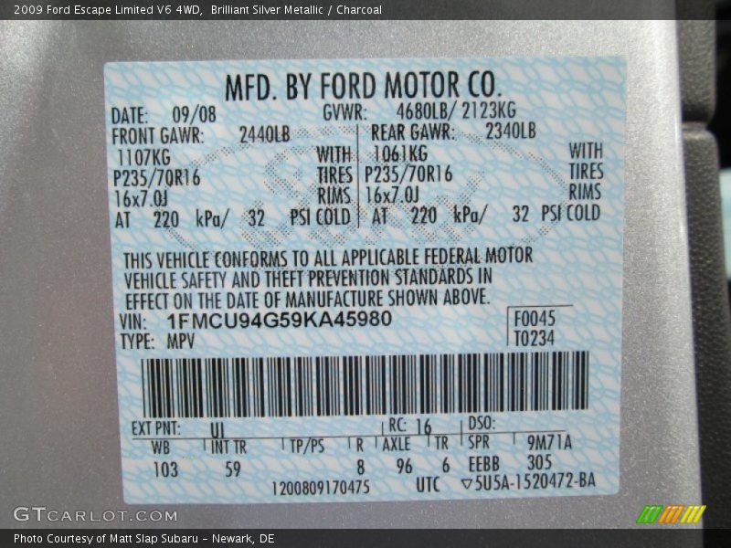 Brilliant Silver Metallic / Charcoal 2009 Ford Escape Limited V6 4WD