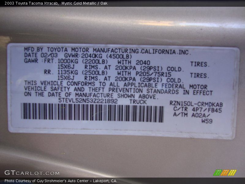 Mystic Gold Metallic / Oak 2003 Toyota Tacoma Xtracab