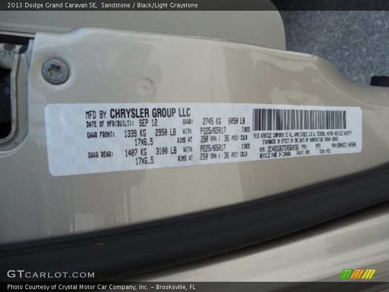Sandstone / Black/Light Graystone 2013 Dodge Grand Caravan SE