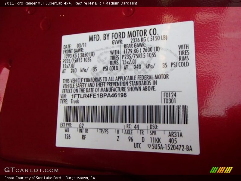 2011 Ranger XLT SuperCab 4x4 Redfire Metallic Color Code G2