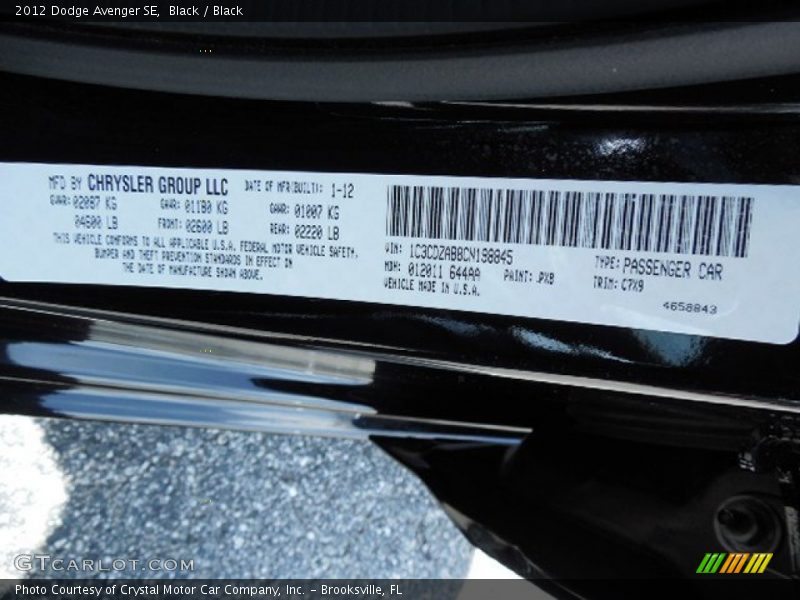 Black / Black 2012 Dodge Avenger SE