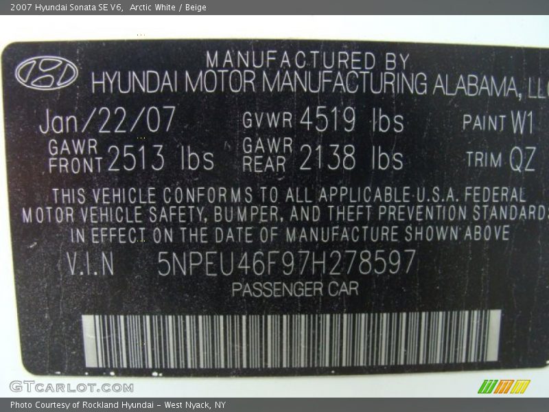 Arctic White / Beige 2007 Hyundai Sonata SE V6