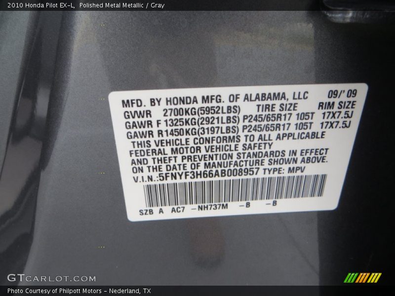 Polished Metal Metallic / Gray 2010 Honda Pilot EX-L