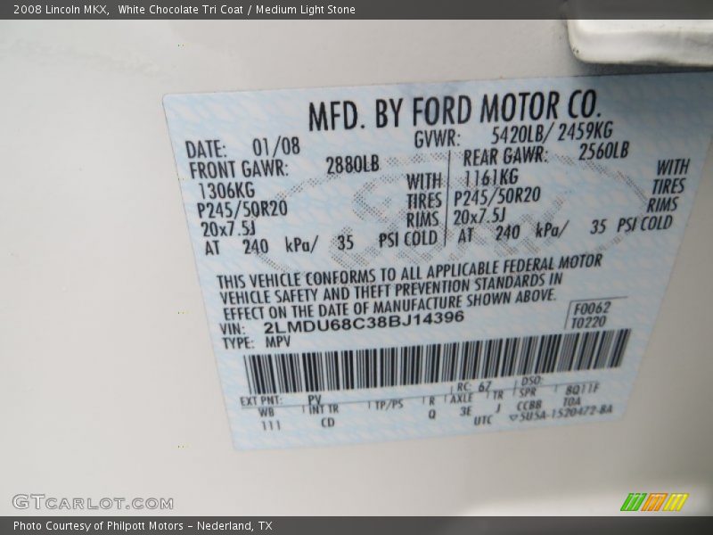 2008 MKX  White Chocolate Tri Coat Color Code PV