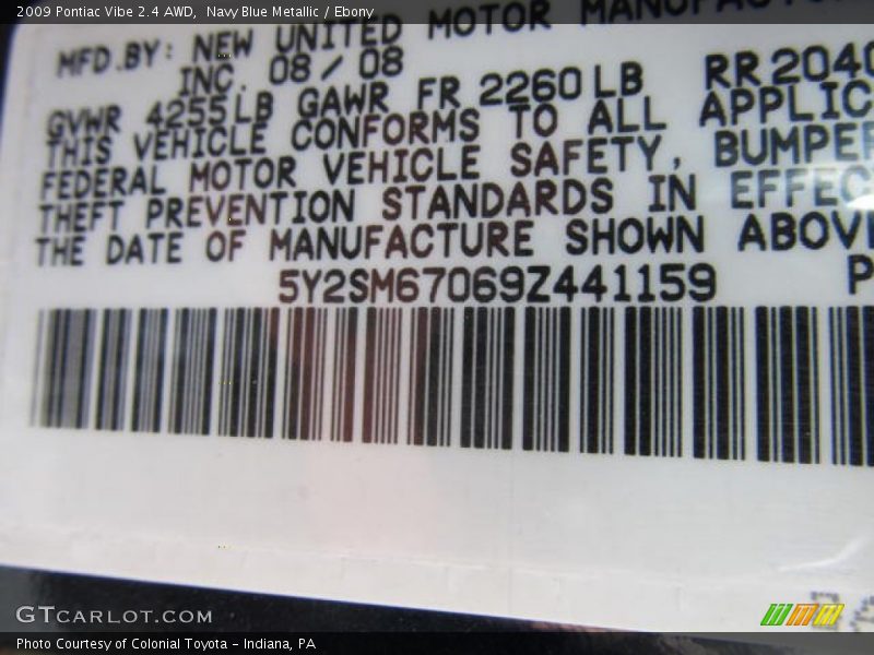 Navy Blue Metallic / Ebony 2009 Pontiac Vibe 2.4 AWD
