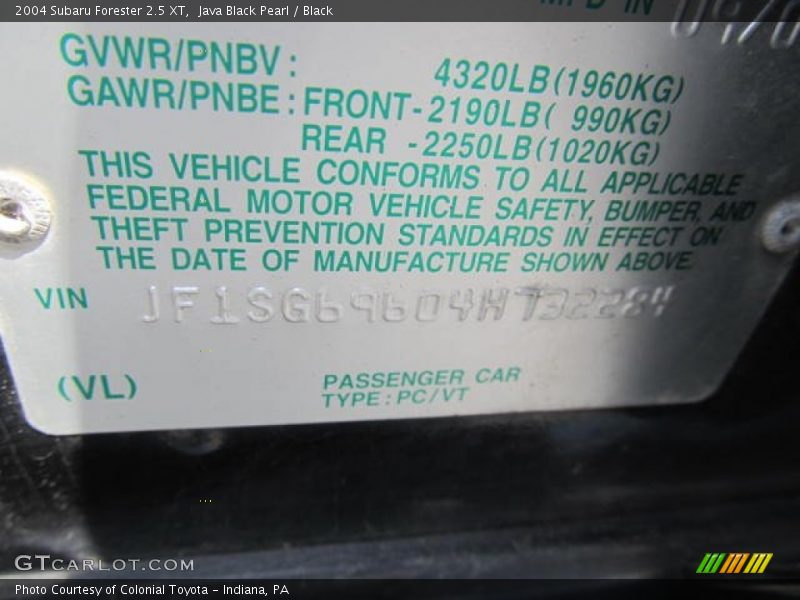 Java Black Pearl / Black 2004 Subaru Forester 2.5 XT