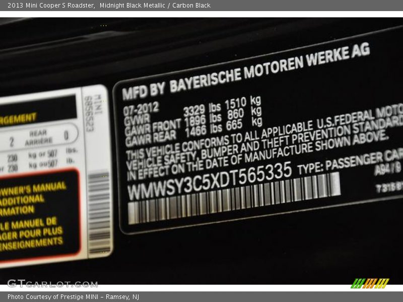 Midnight Black Metallic / Carbon Black 2013 Mini Cooper S Roadster