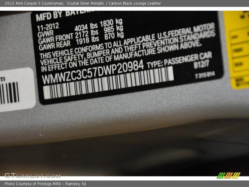 Crystal Silver Metallic / Carbon Black Lounge Leather 2013 Mini Cooper S Countryman