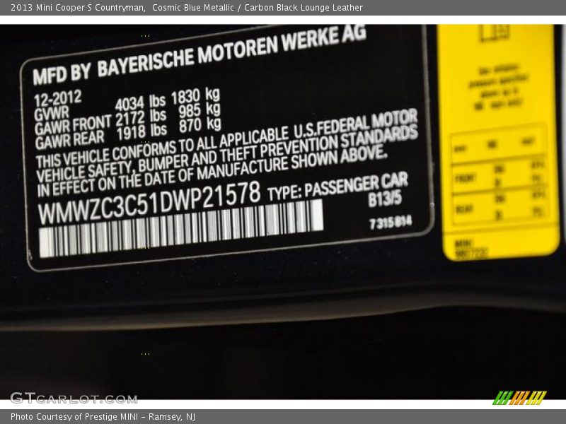 Cosmic Blue Metallic / Carbon Black Lounge Leather 2013 Mini Cooper S Countryman