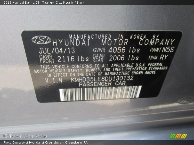 Titanium Gray Metallic / Black 2013 Hyundai Elantra GT