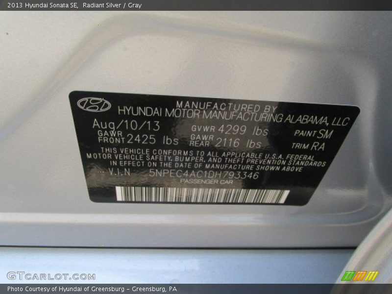 Radiant Silver / Gray 2013 Hyundai Sonata SE