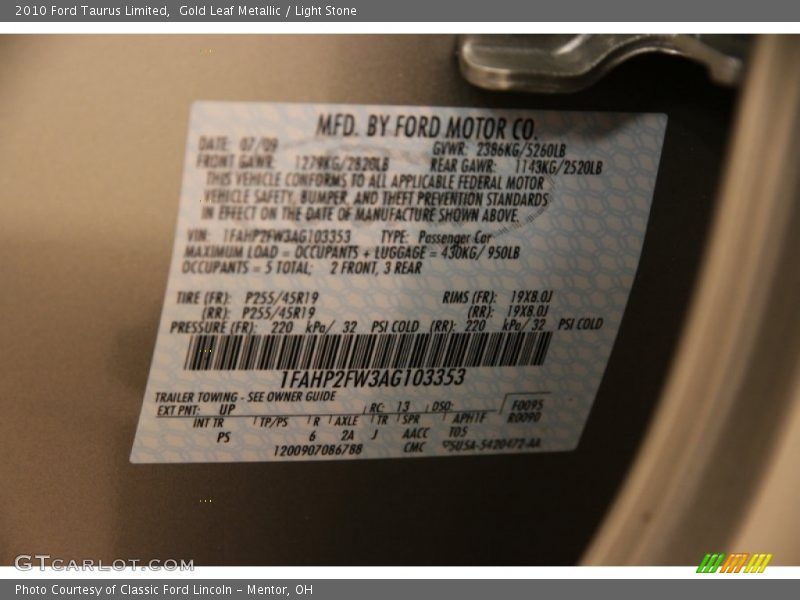 Gold Leaf Metallic / Light Stone 2010 Ford Taurus Limited
