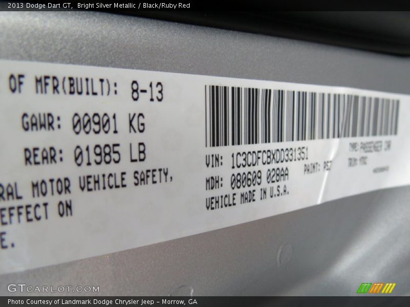 Bright Silver Metallic / Black/Ruby Red 2013 Dodge Dart GT