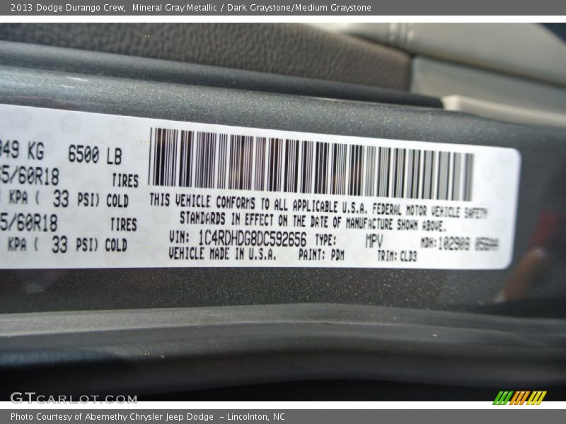 Mineral Gray Metallic / Dark Graystone/Medium Graystone 2013 Dodge Durango Crew