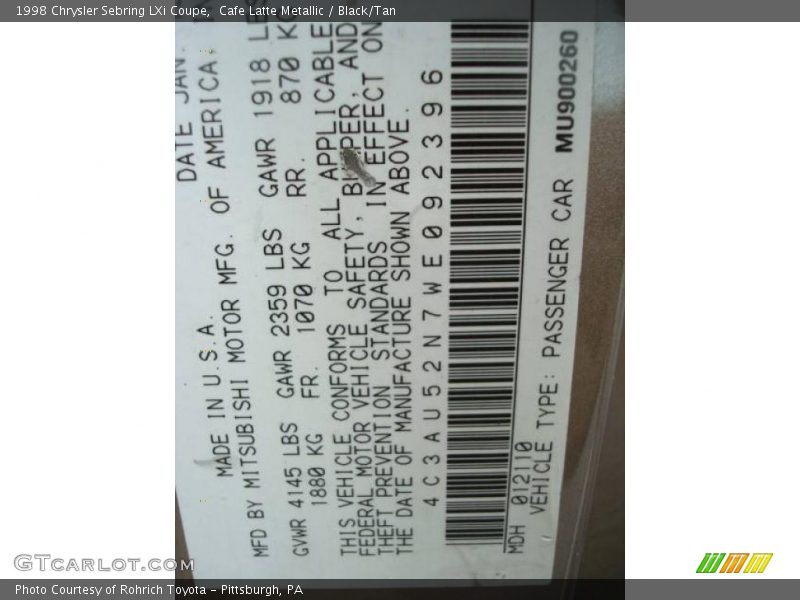 Cafe Latte Metallic / Black/Tan 1998 Chrysler Sebring LXi Coupe