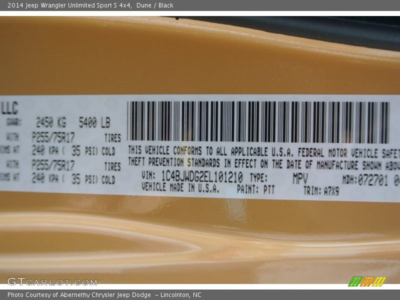 2014 Wrangler Unlimited Sport S 4x4 Dune Color Code PTT
