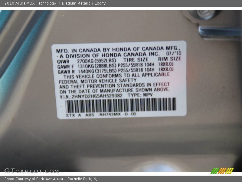 Palladium Metallic / Ebony 2010 Acura MDX Technology