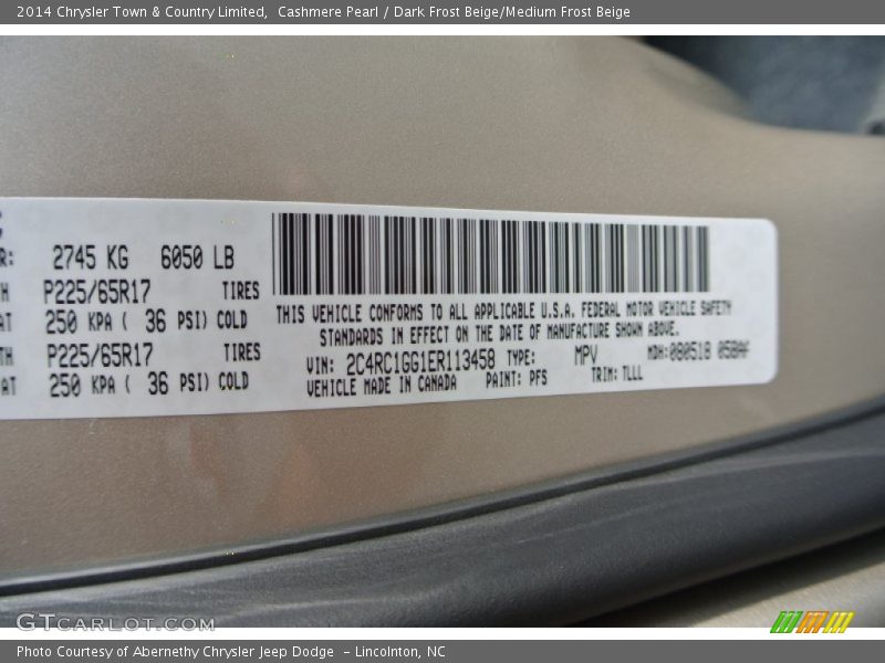 Cashmere Pearl / Dark Frost Beige/Medium Frost Beige 2014 Chrysler Town & Country Limited