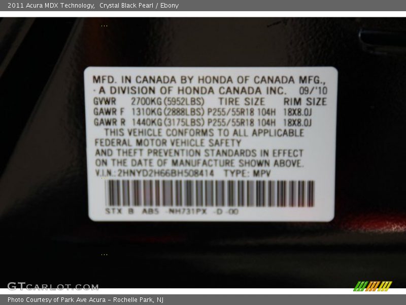 Crystal Black Pearl / Ebony 2011 Acura MDX Technology