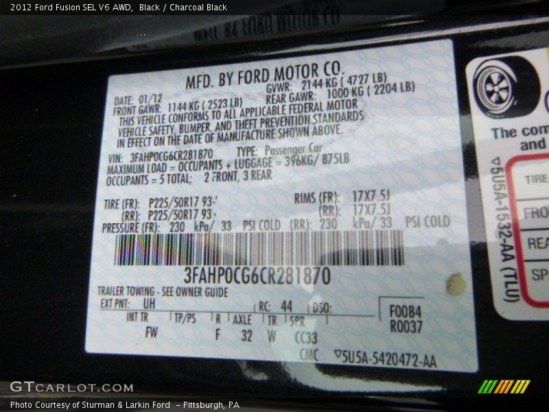 Black / Charcoal Black 2012 Ford Fusion SEL V6 AWD