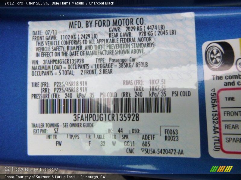 Blue Flame Metallic / Charcoal Black 2012 Ford Fusion SEL V6