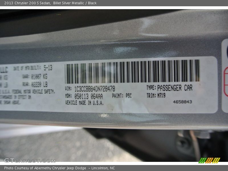 Billet Silver Metallic / Black 2013 Chrysler 200 S Sedan