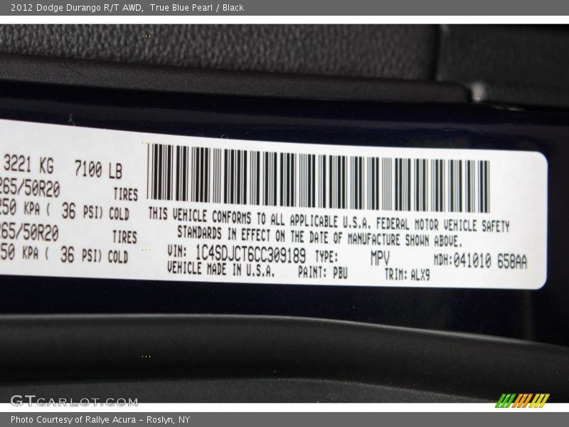 2012 Durango R/T AWD True Blue Pearl Color Code PBU