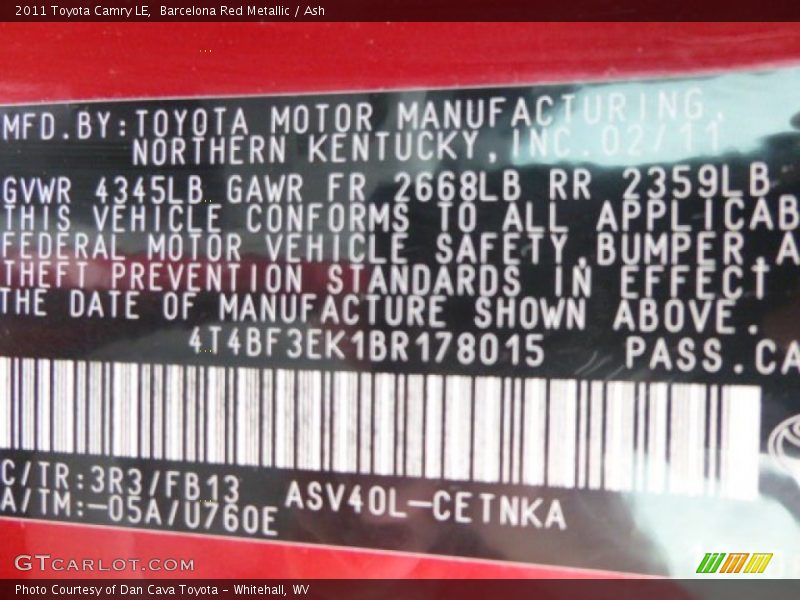 Barcelona Red Metallic / Ash 2011 Toyota Camry LE