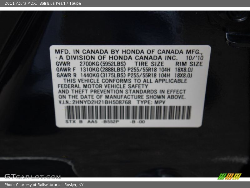 Bali Blue Pearl / Taupe 2011 Acura MDX