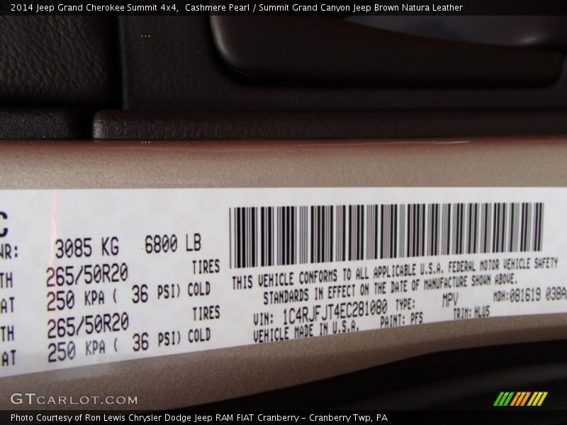 2014 Grand Cherokee Summit 4x4 Cashmere Pearl Color Code PFS