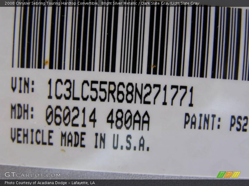 Bright Silver Metallic / Dark Slate Gray/Light Slate Gray 2008 Chrysler Sebring Touring Hardtop Convertible