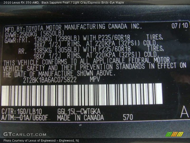 Black Sapphire Pearl / Light Gray/Espresso Birds-Eye Maple 2010 Lexus RX 350 AWD