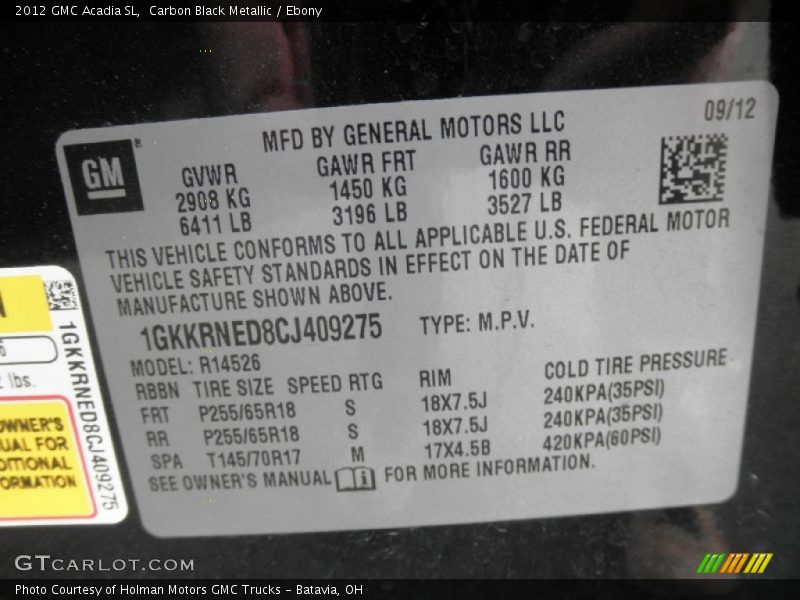 Carbon Black Metallic / Ebony 2012 GMC Acadia SL