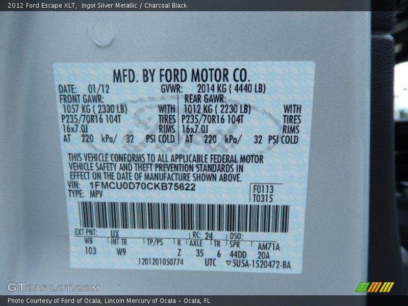 Ingot Silver Metallic / Charcoal Black 2012 Ford Escape XLT