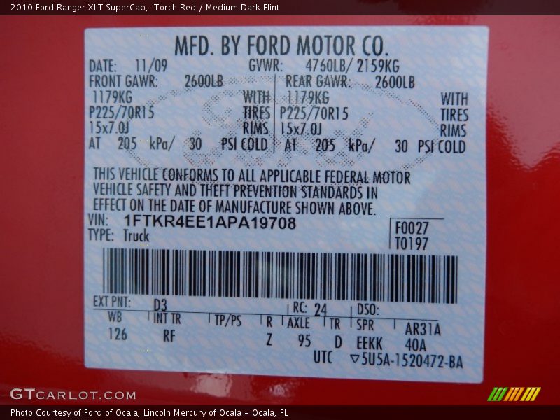 2010 Ranger XLT SuperCab Torch Red Color Code D3