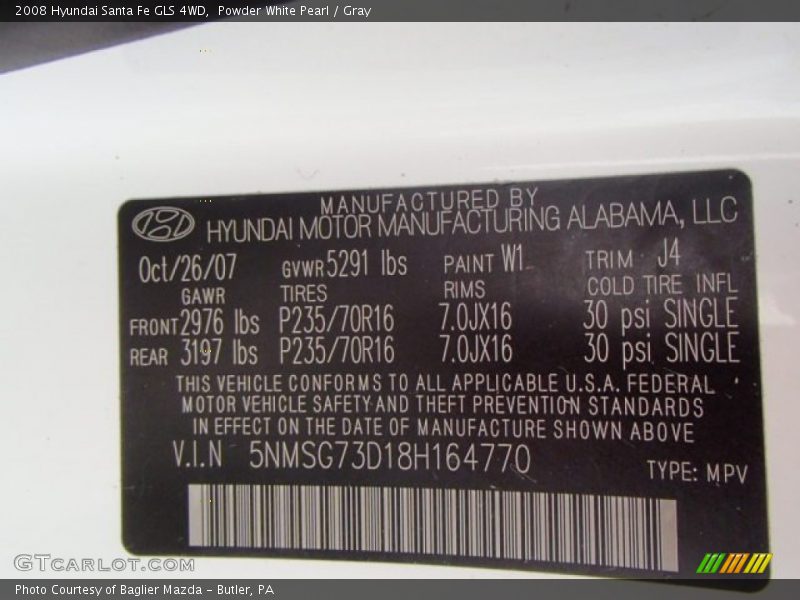 Powder White Pearl / Gray 2008 Hyundai Santa Fe GLS 4WD