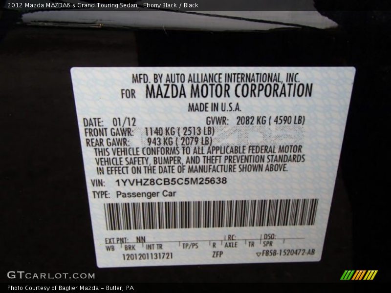 2012 MAZDA6 s Grand Touring Sedan Ebony Black Color Code NN